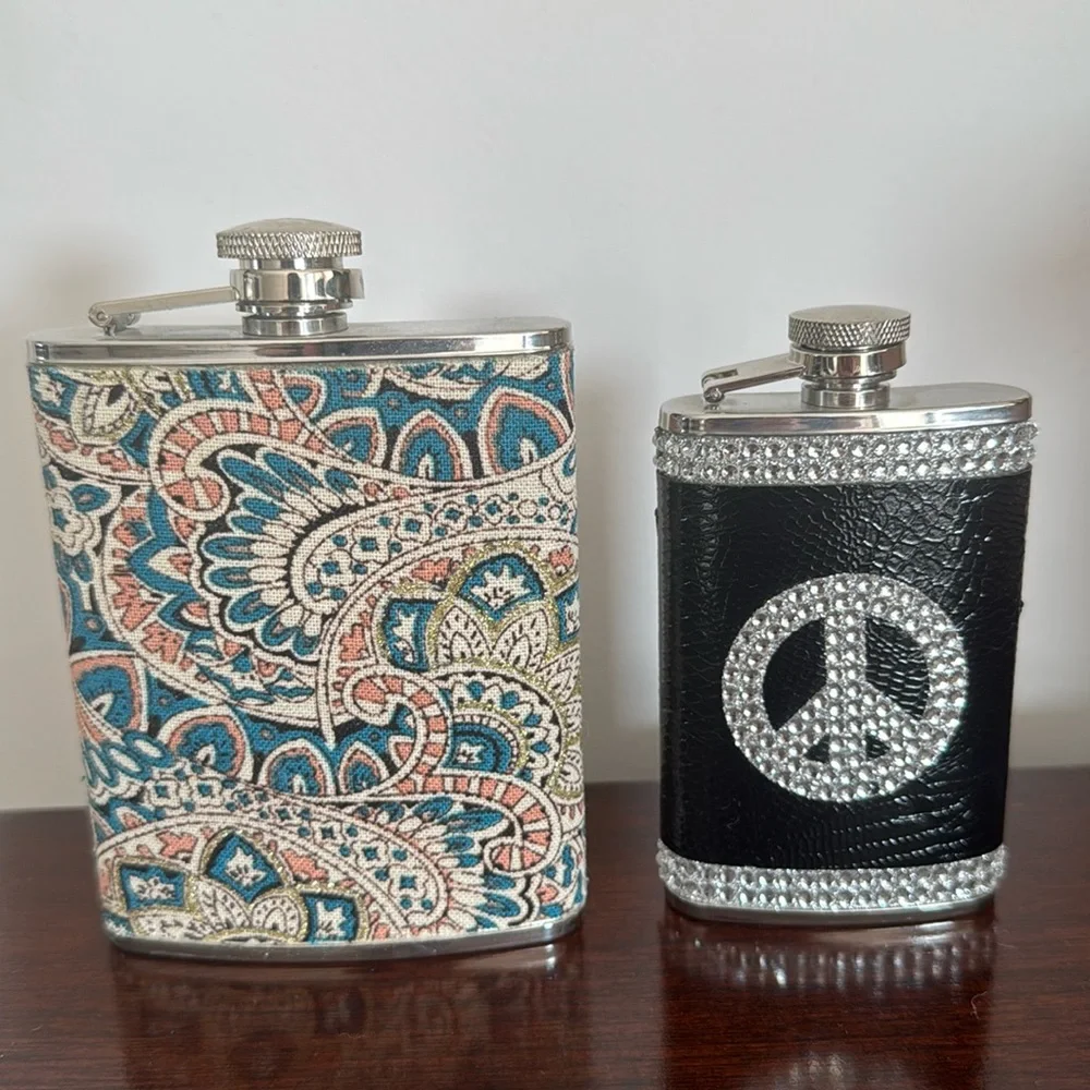 2 stainless steel flasks. Peace sign with rhinestones from ZGallerie.